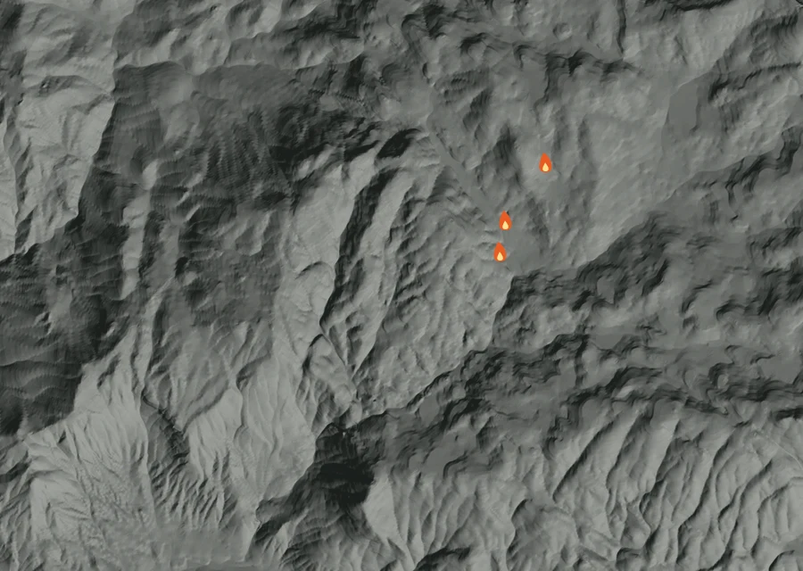 Map for Mon 28 Sep: flames mark every place that gave off heat that day.