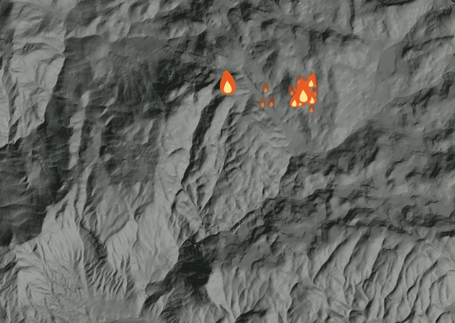 Map for Sat 3 Oct: flames mark every place that gave off heat that day.