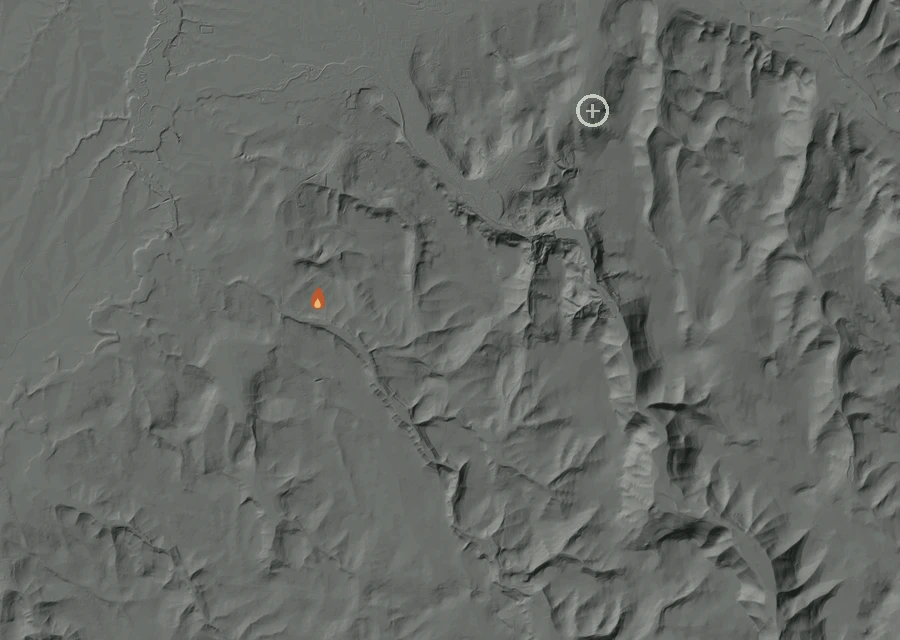 Shaded relief map of the Edison Fire. Amber flames mark every place that gave off heat in the last day; the shading is the shape of the ground.