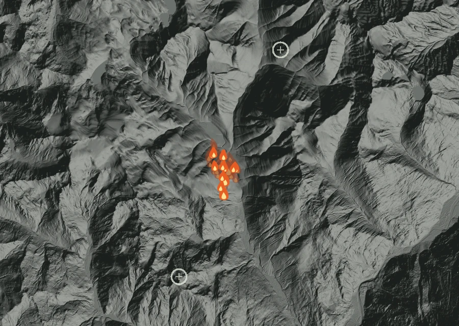 Shaded relief map of the Electric Fire. Amber flames mark every place that gave off heat in the last day; the shading is the shape of the ground.