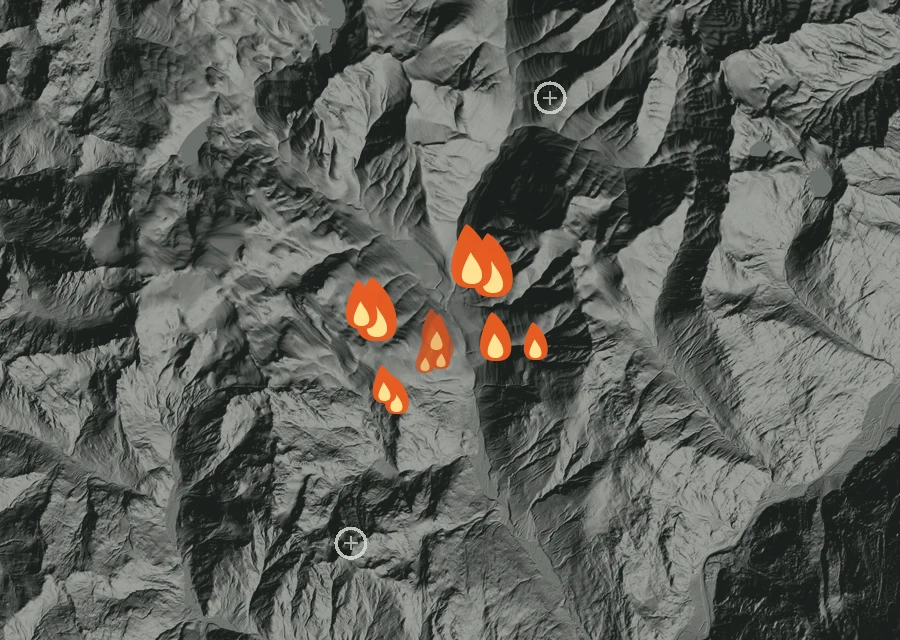 Animated map of the Electric Fire across the whole record, with a time bar along the bottom showing energy released and the local date.