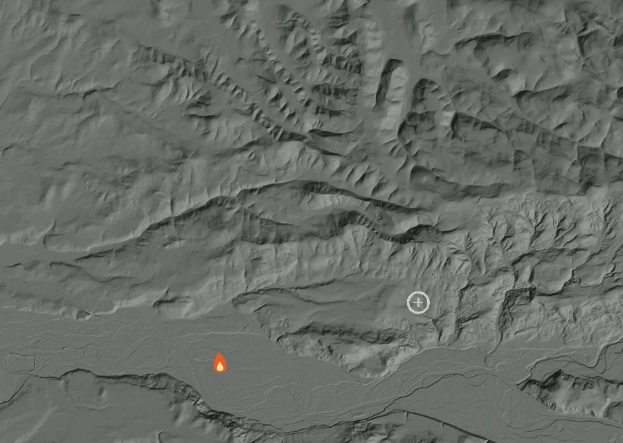 Animated map of the Etzel Road Fire across the whole record, with a time bar along the bottom showing energy released and the local date.