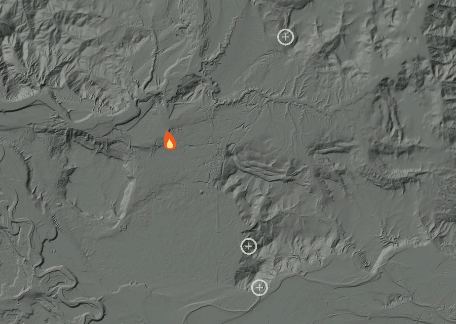Shaded relief map of the Fairview Fire. Amber flames mark every place that gave off heat in the last day; the shading is the shape of the ground.