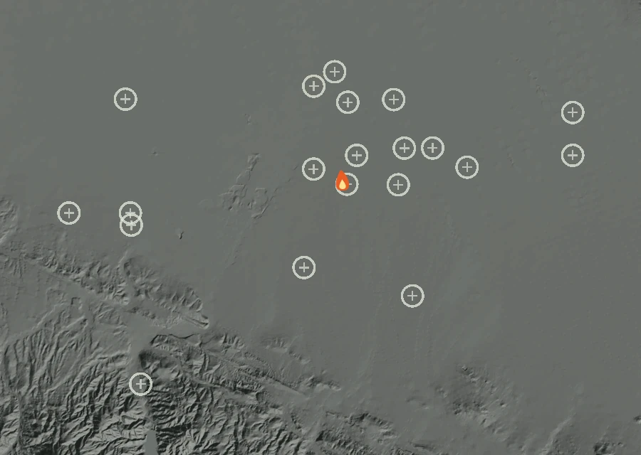 Shaded relief map of the Felix Fire. Amber flames mark every place that gave off heat in the last day; the shading is the shape of the ground.