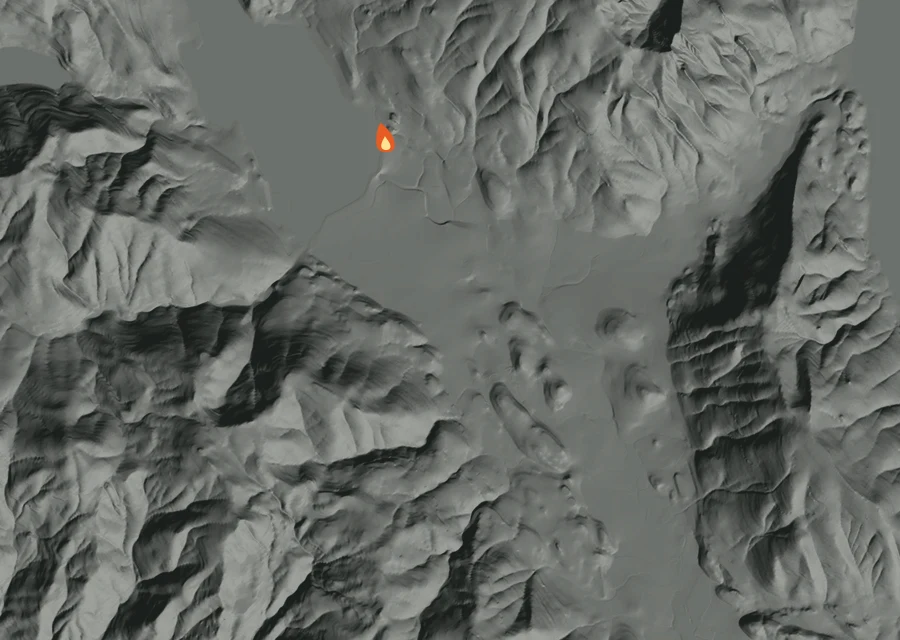 Animated map of the Five Four Fire across the whole record, with a time bar along the bottom showing energy released and the local date.