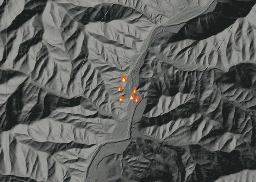Animated map of the Flumet Fire across the whole record, with a time bar along the bottom showing energy released and the local date.