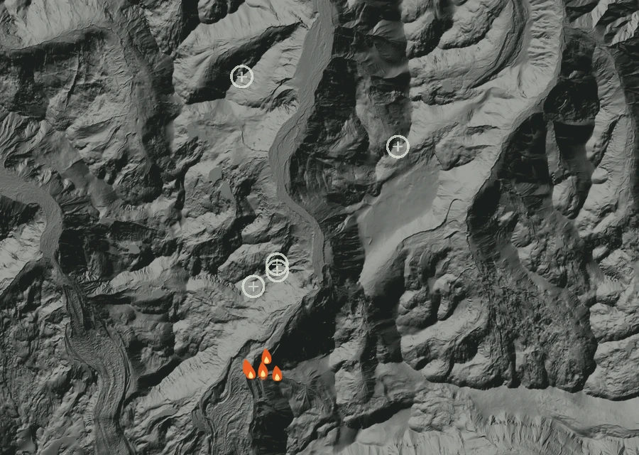 Shaded relief map of the Garda Falls Fire. Amber flames mark every place that gave off heat in the last day; the shading is the shape of the ground.