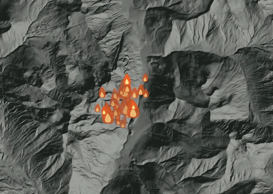 Map for Mon 24 Aug: flames mark every place that gave off heat that day.