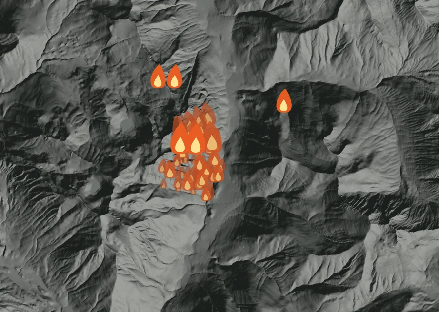 Map for Tue 25 Aug: flames mark every place that gave off heat that day.