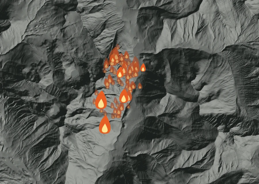 Map for Wed 26 Aug: flames mark every place that gave off heat that day.