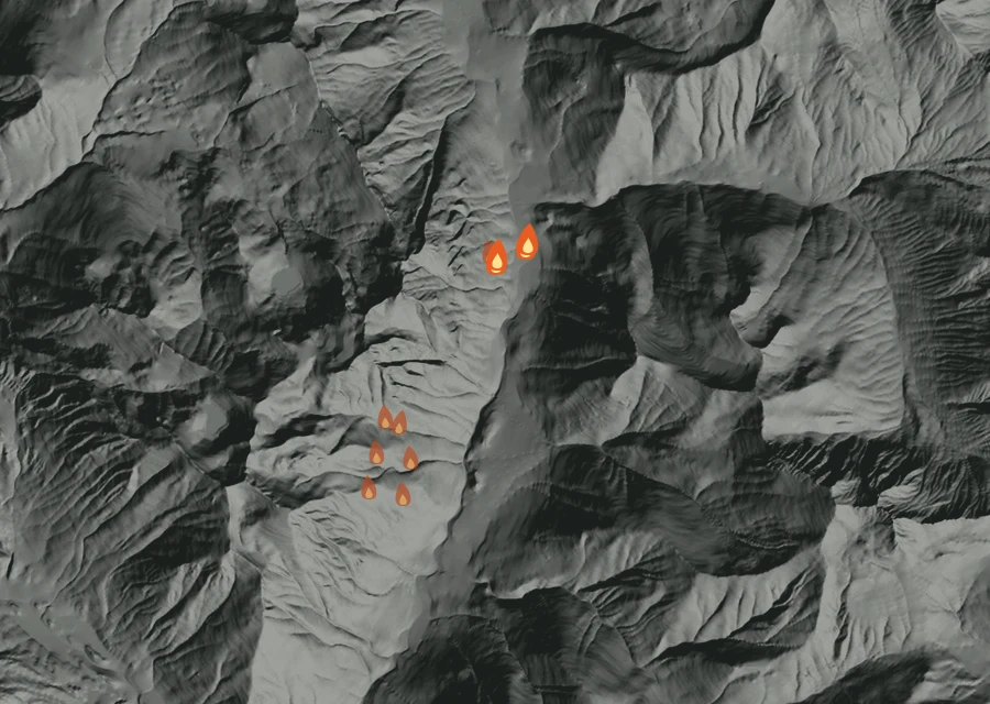 Map for Fri 28 Aug: flames mark every place that gave off heat that day.