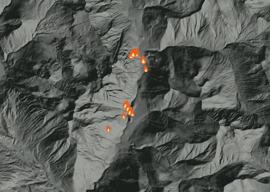Map for Sun 30 Aug: flames mark every place that gave off heat that day.