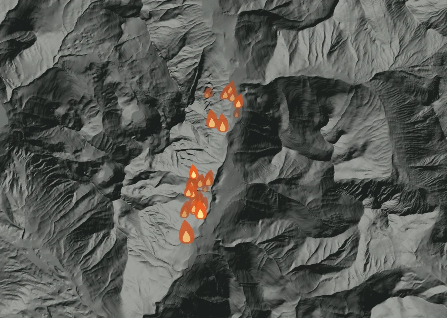 Map for Mon 31 Aug: flames mark every place that gave off heat that day.