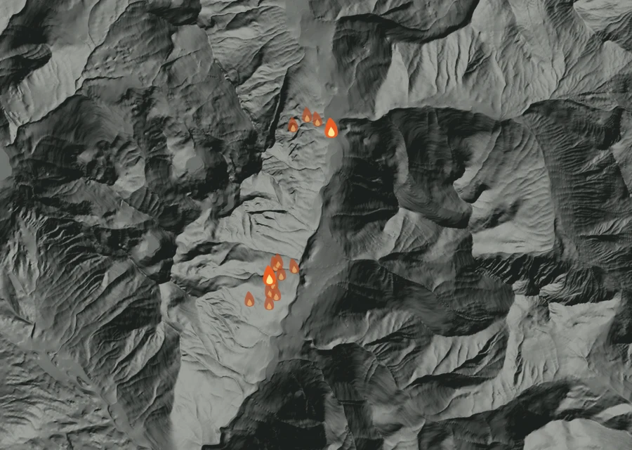 Map for Tue 1 Sep: flames mark every place that gave off heat that day.
