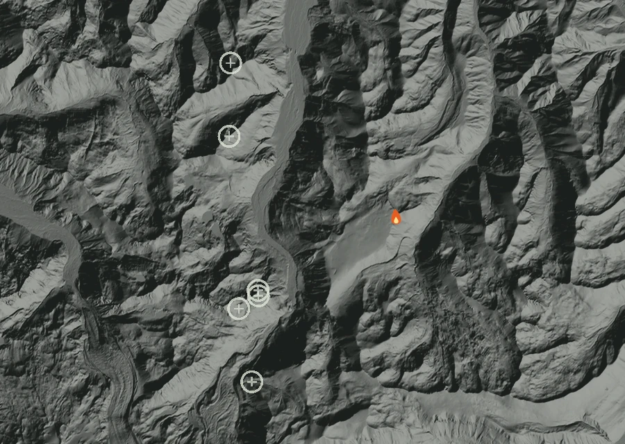 Shaded relief map of the Grand Park 2 Fire. Amber flames mark every place that gave off heat in the last day; the shading is the shape of the ground.