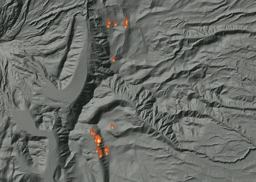 Map for Wed 26 Aug: flames mark every place that gave off heat that day.