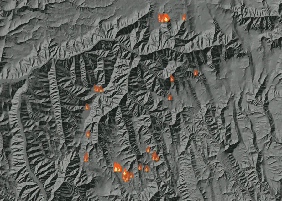 Map for Sun 23 Aug: flames mark every place that gave off heat that day.
