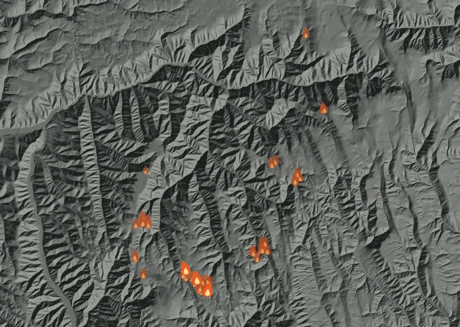 Map for Wed 26 Aug: flames mark every place that gave off heat that day.