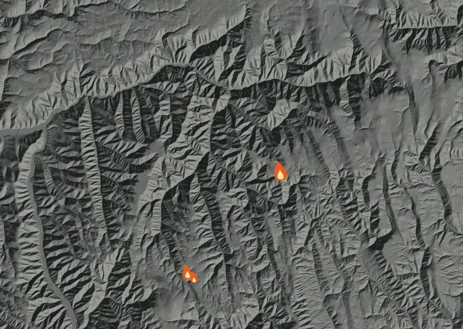 Map for Thu 27 Aug: flames mark every place that gave off heat that day.