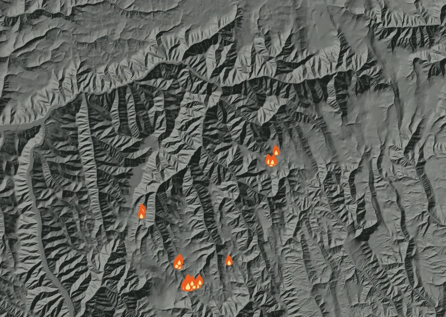 Map for Fri 28 Aug: flames mark every place that gave off heat that day.