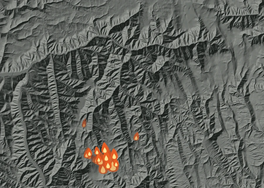 Map for Mon 31 Aug: flames mark every place that gave off heat that day.
