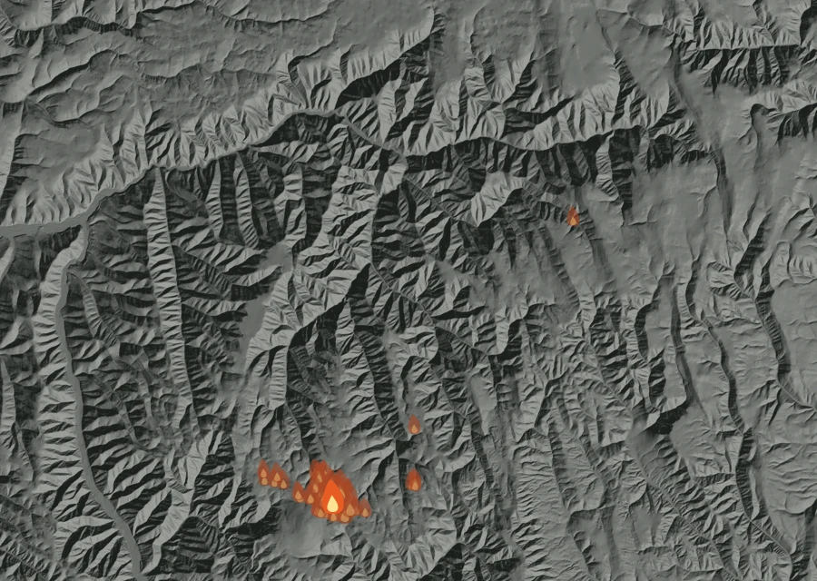 Map for Tue 1 Sep: flames mark every place that gave off heat that day.