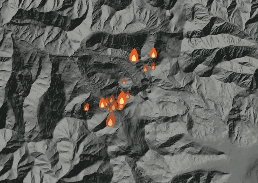 Animated map of the High Lava Fire across the whole record, with a time bar along the bottom showing energy released and the local date.