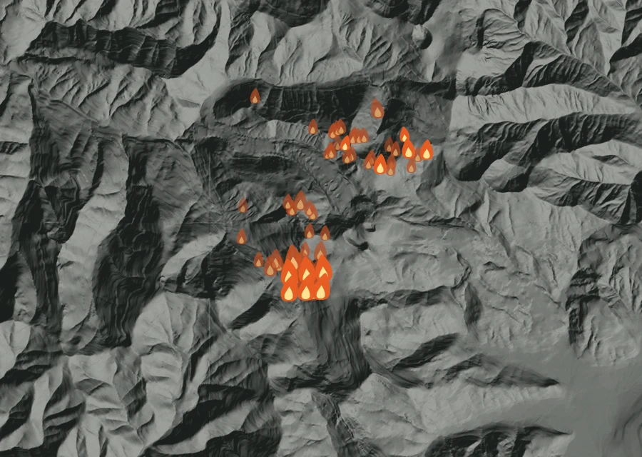 Map for Tue 25 Aug: flames mark every place that gave off heat that day.