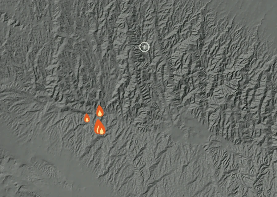 Animated map of the Hillcrest Fire across the whole record, with a time bar along the bottom showing energy released and the local date.