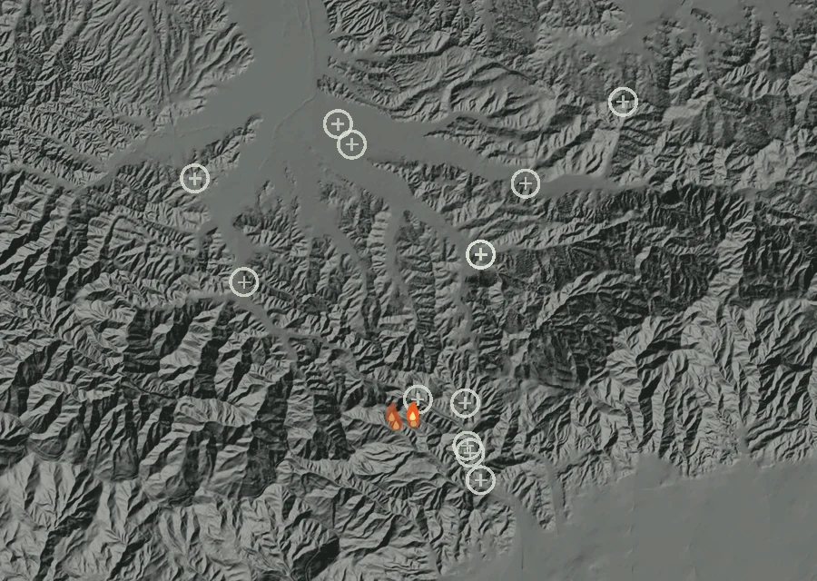 Map for Mon 7 Sep: flames mark every place that gave off heat that day.