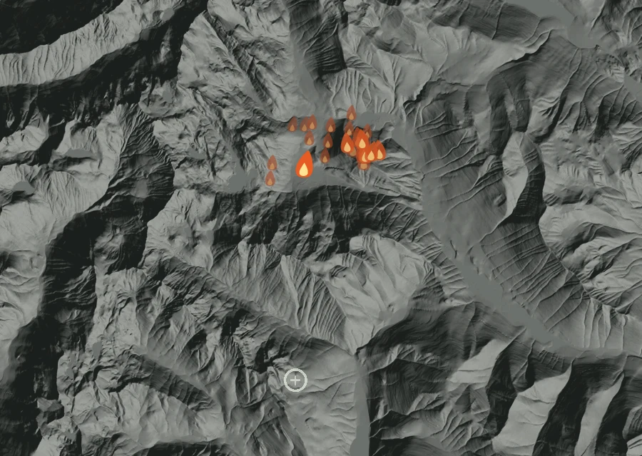 Map for Sun 23 Aug: flames mark every place that gave off heat that day.