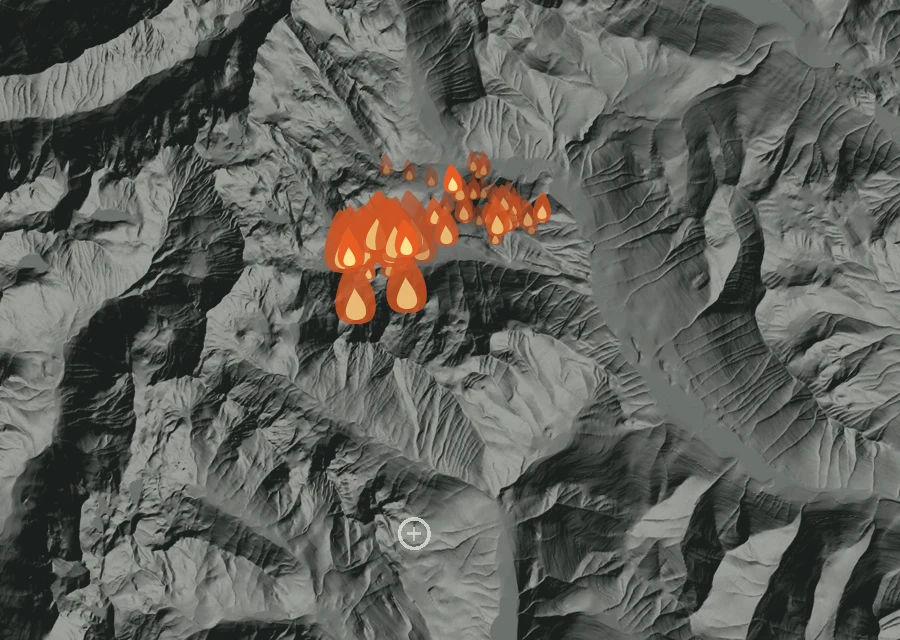 Map for Mon 24 Aug: flames mark every place that gave off heat that day.