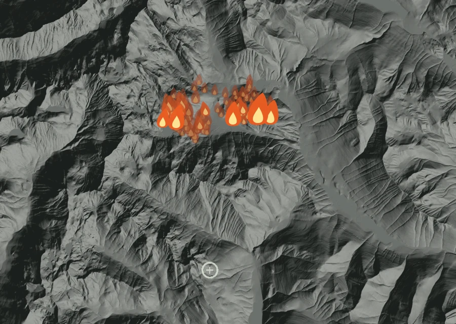 Map for Tue 25 Aug: flames mark every place that gave off heat that day.