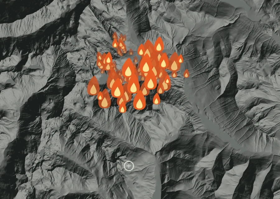 Map for Wed 26 Aug: flames mark every place that gave off heat that day.
