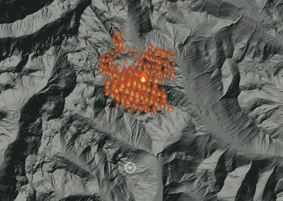 Map for Thu 27 Aug: flames mark every place that gave off heat that day.