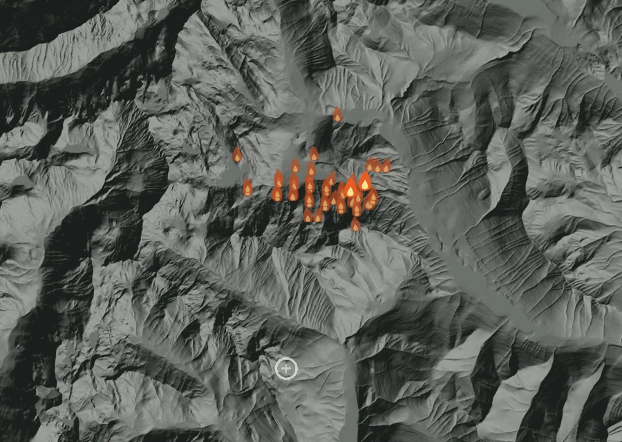 Map for Fri 28 Aug: flames mark every place that gave off heat that day.