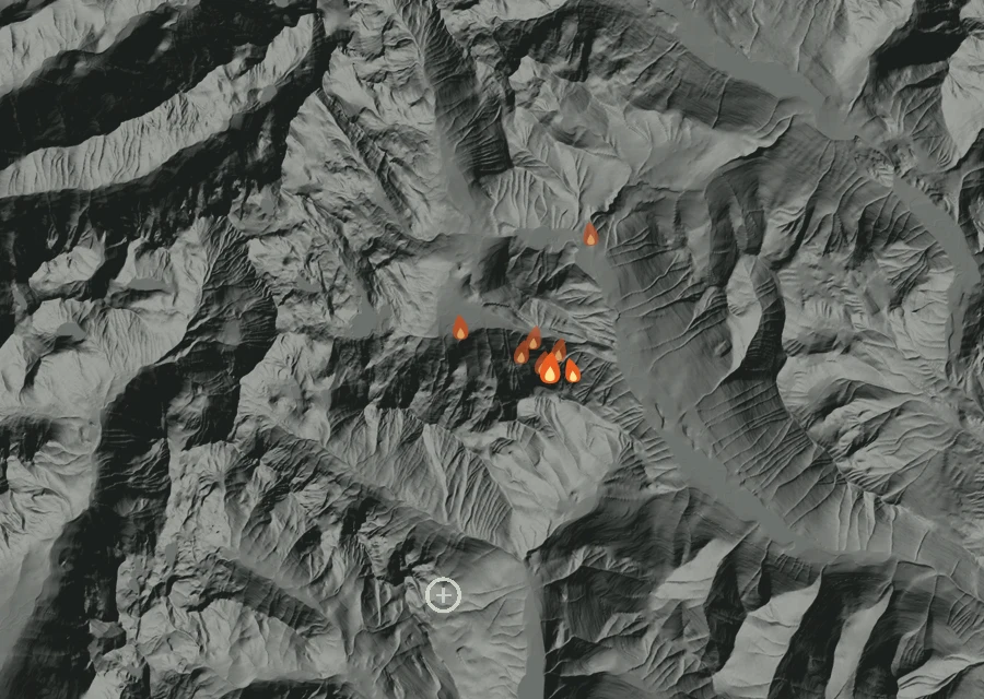 Map for Sat 29 Aug: flames mark every place that gave off heat that day.