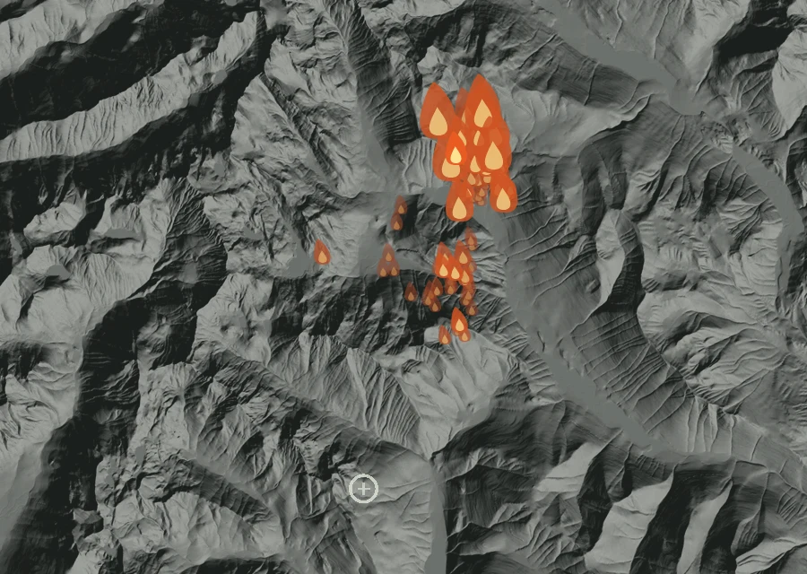 Map for Tue 1 Sep: flames mark every place that gave off heat that day.