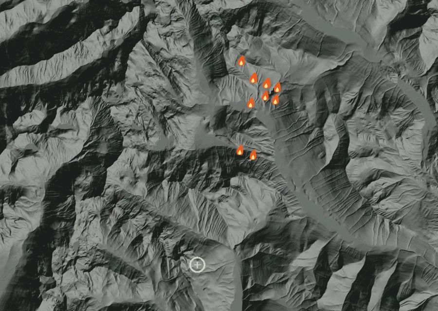 Map for Wed 2 Sep: flames mark every place that gave off heat that day.