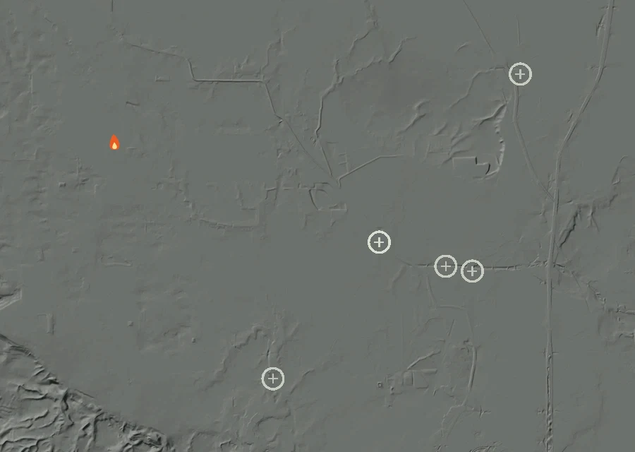 Map for Tue 25 Aug: flames mark every place that gave off heat that day.
