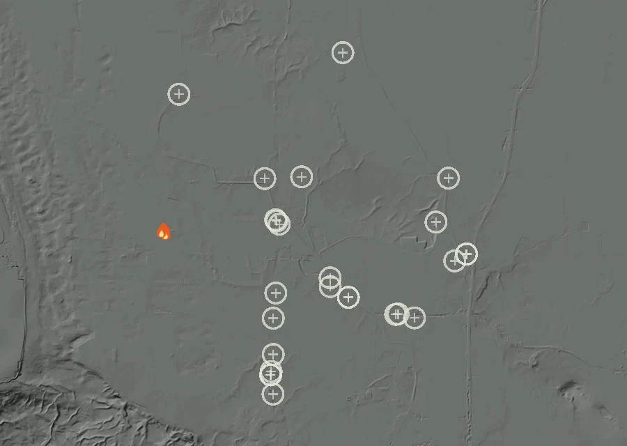Map for Mon 31 Aug: flames mark every place that gave off heat that day.