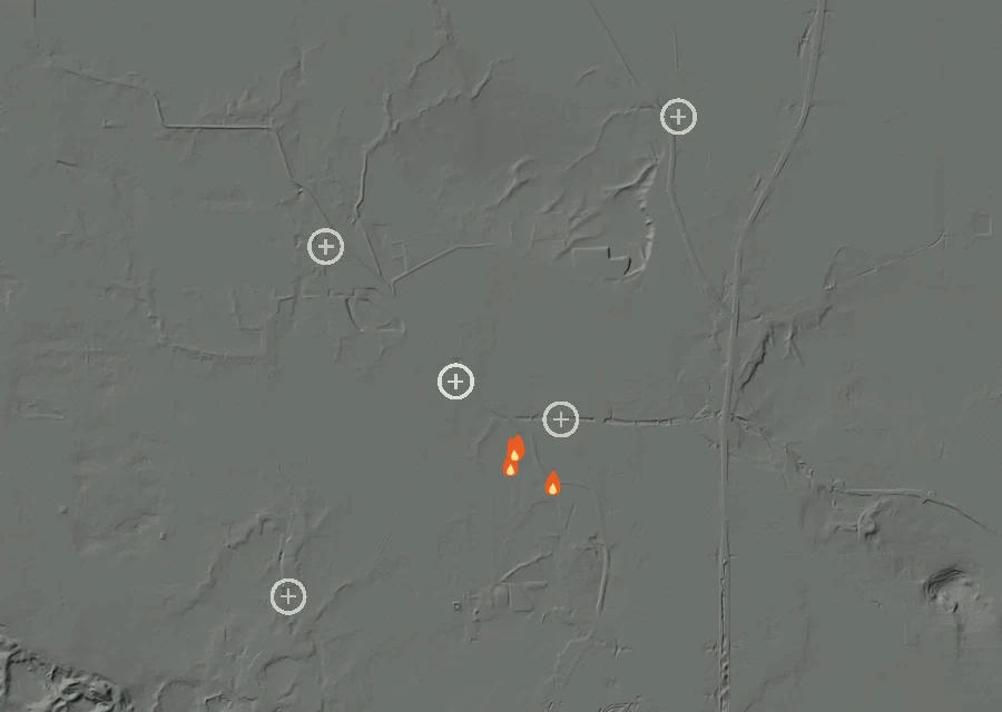 Map for Sun 23 Aug: flames mark every place that gave off heat that day.