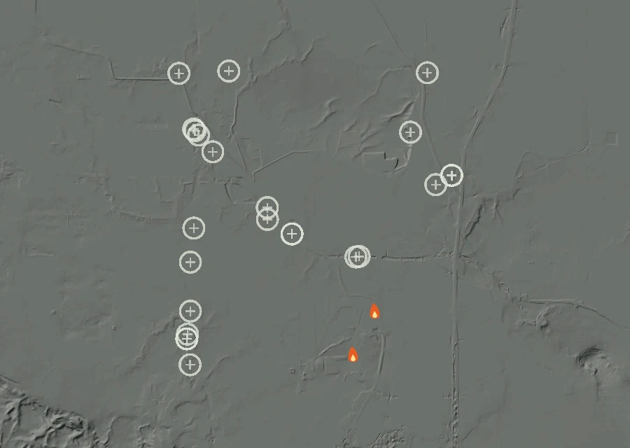 Map for Fri 2 Oct: flames mark every place that gave off heat that day.