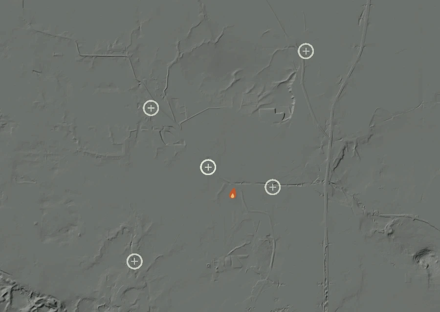 Shaded relief map of the Lac-301637 Fire. Amber flames mark every place that gave off heat in the last day; the shading is the shape of the ground.