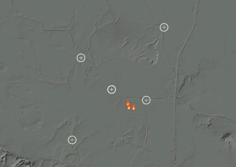 Map for Tue 25 Aug: flames mark every place that gave off heat that day.