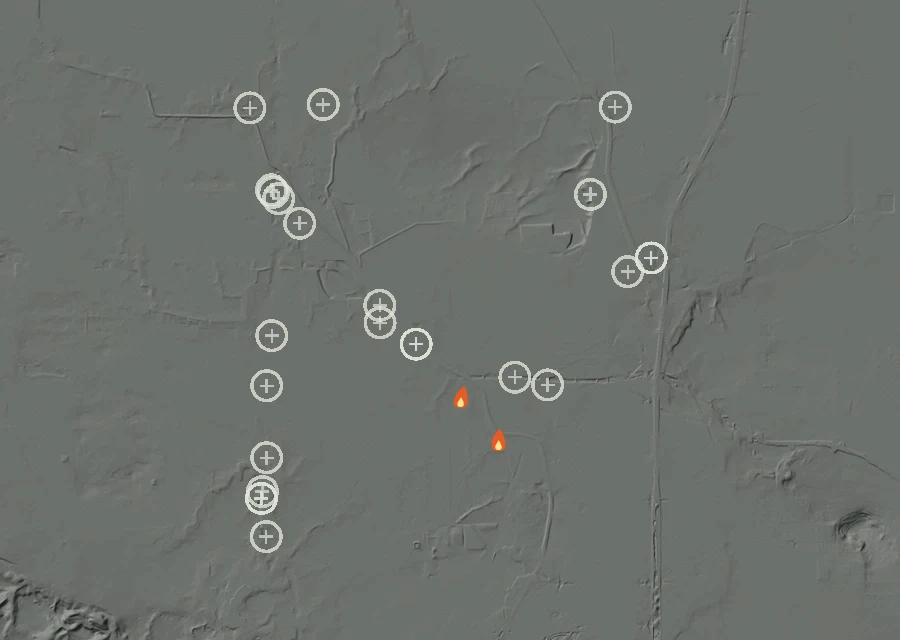 Map for Tue 1 Sep: flames mark every place that gave off heat that day.