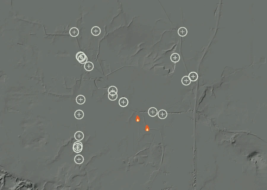 Map for Fri 2 Oct: flames mark every place that gave off heat that day.