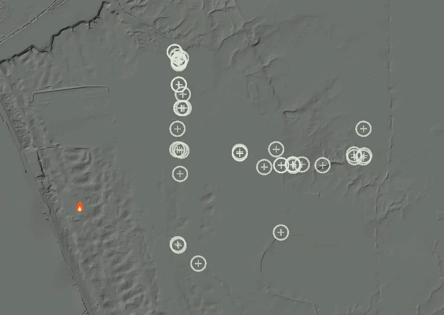 Shaded relief map of the Lac-302310 Fire. Amber flames mark every place that gave off heat in the last day; the shading is the shape of the ground.