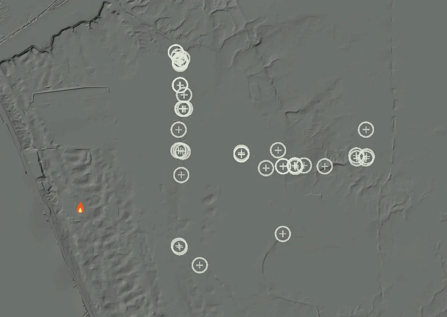 Map for Mon 5 Oct: flames mark every place that gave off heat that day.