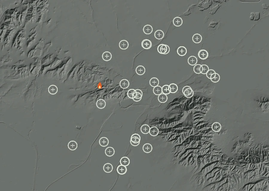 Map for Wed 26 Aug: flames mark every place that gave off heat that day.